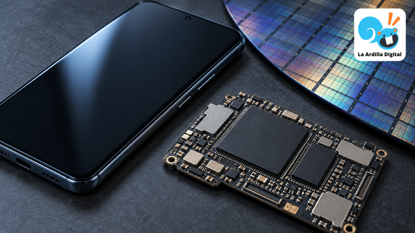 Ilustración de un smartphone junto a chips de memoria y una oblea de silicio