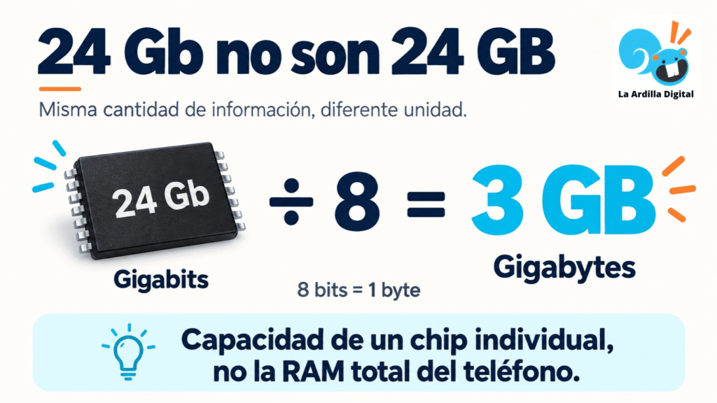 Infografía que explica que 24 gigabits equivalen a 3 gigabytes y representan la capacidad de un chip individual, no la RAM total del móvil