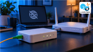 ONT y router junto a un portátil con un símbolo de conexión a Internet interrumpida.