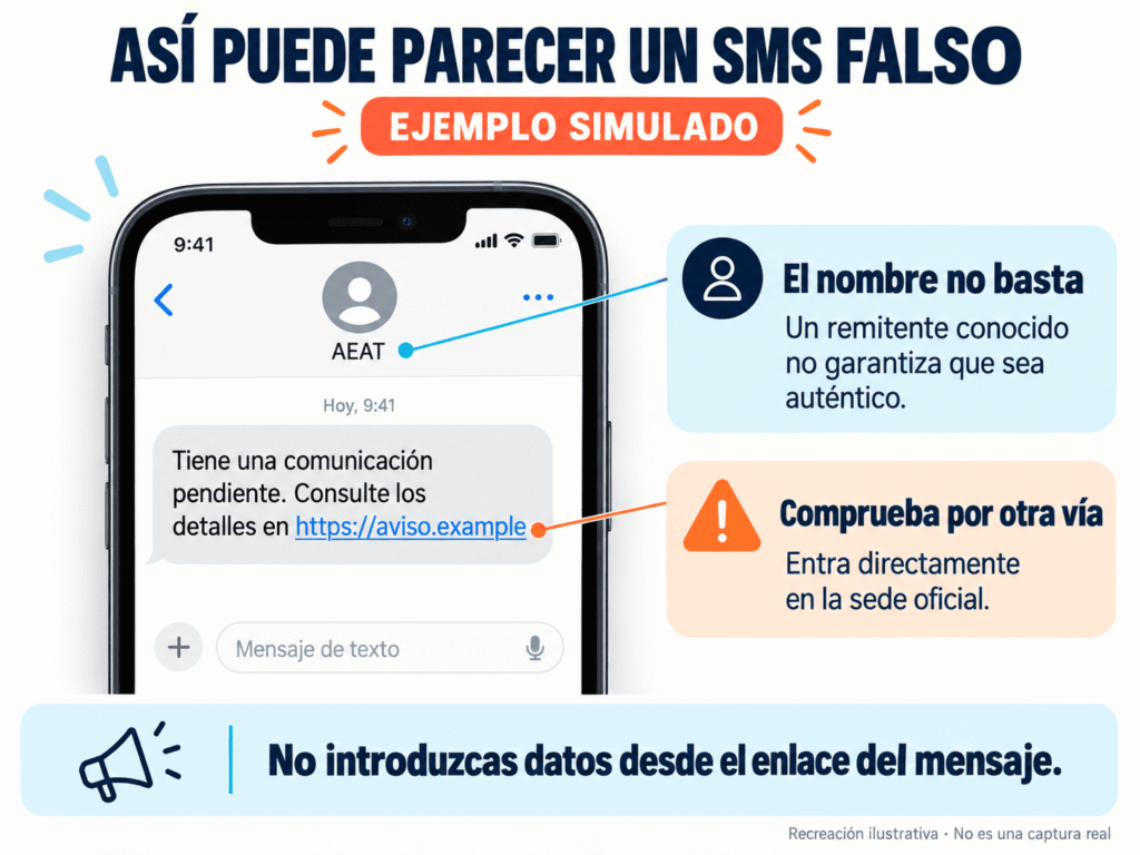 SMS falso con remitente AEAT y recomendaciones para comprobar su autenticidad.