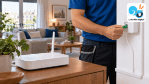 Técnico conectando un cable de fibra óptica en una vivienda, junto a un router.