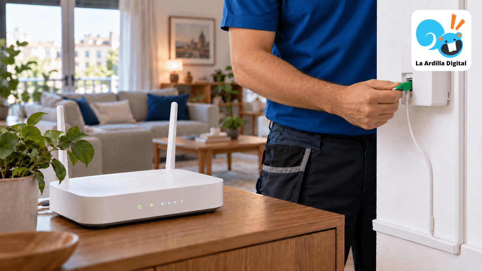 Técnico conectando un cable de fibra óptica en una vivienda, junto a un router.