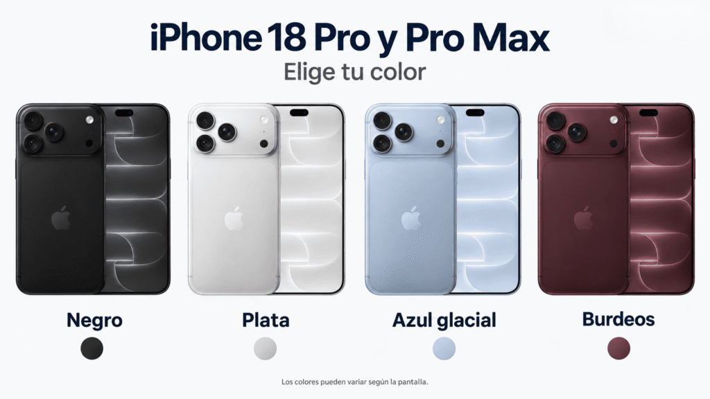 iPhone 18 Pro y Pro Max en negro, plata, azul glacial y burdeos